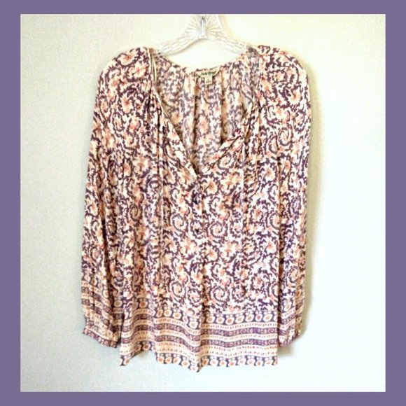 Lucky Brand Peasant Blouse- Orange & Purple Sheer Tunic, Sz Small - Picture 1 of 3